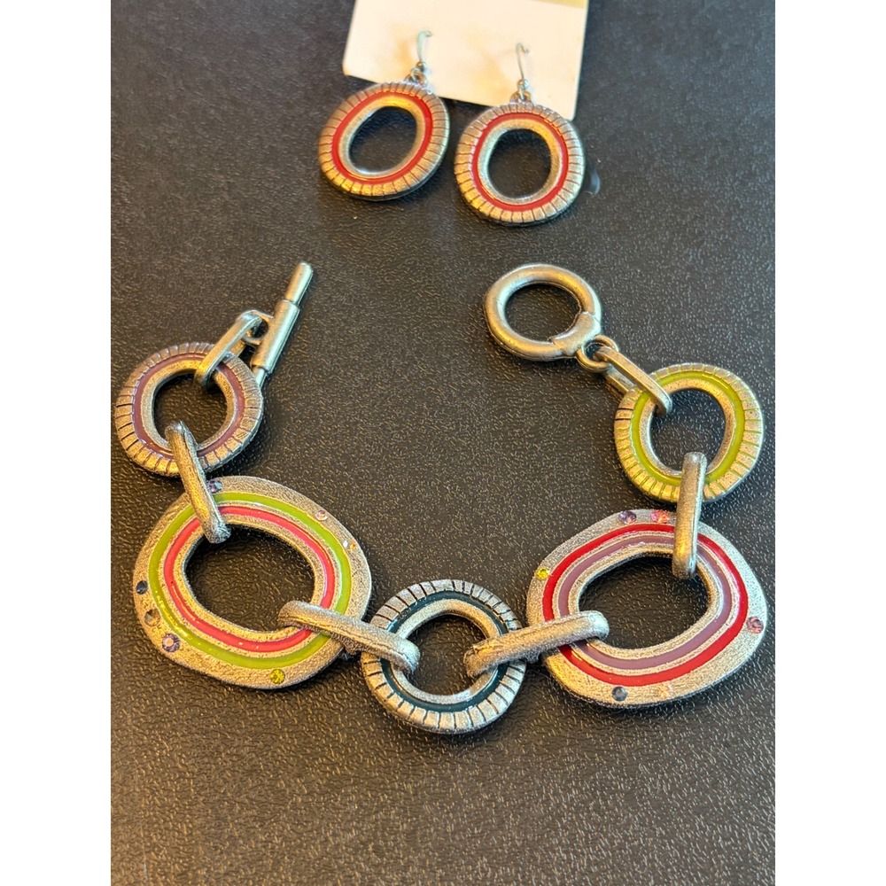 Bohemian Enamel Rhinestone Toggle Bracelet and Drop Earring Jewelry Set Pewter